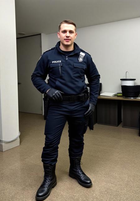 VPL, Txt2pr0n, real life professional photo, hyper detailed, rated_explicit, best quality, ultraclear, 8K UHD, wide angle view, random shot, score_9, score_8_up, score_7_up ,Light bokeh, homoerotic, head to boots, Full body frame, handsome, 20 years old, pale skin, Scandinavian, police man, moustache, police uniform , black tactical boots, police duty belt, black leather gloves,  random police setting