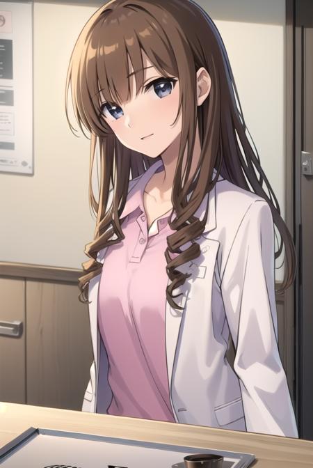 taeanegasaki, <lora:tae anegasaki s2-lora-nochekaiser:1>,
tae anegasaki, long hair, brown hair, (light brown hair:1.2) drill hair, (black eyes:1.5), bangs, blunt bangs, smile,
BREAK labcoat, shirt, (pink shirt:1.2), collared shirt, skirt, pencil skirt, black skirt, (white labcoat:1.2),
BREAK indoors, classroom,
BREAK looking at viewer, (cowboy shot:1.5),
BREAK <lyco:GoodHands-beta2:1>, (masterpiece:1.2), best quality, high resolution, unity 8k wallpaper, (illustration:0.8), (beautiful detailed eyes:1.6), extremely detailed face, perfect lighting, extremely detailed CG, (perfect hands, perfect anatomy),