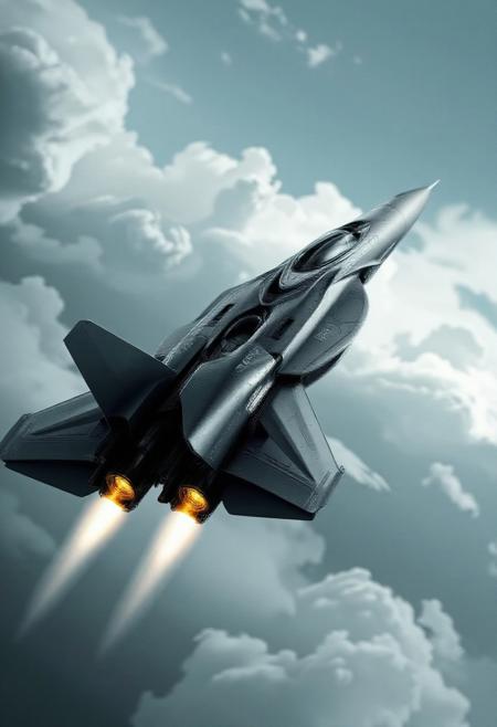 A highly detailed, high-quality image in the style of ckrcc,
photograph featuring a futuristic fighter jet in full action flight, low angle view, jet blast, cloudy sky, missile shots fired