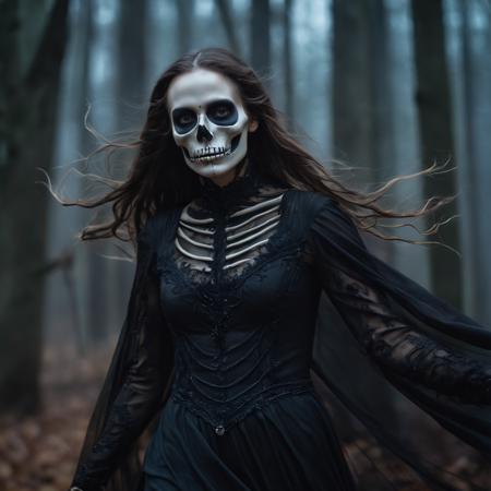 The Skeleton young Witch, flying, epoxy_skull, amidst a black swirling vortex in a dark, mystical forest. A beautiful woman with long hair stands, her figure draped in skeletal armor and an ethereal dress, engulfed by the swirling darkness. The scene is intensely cinematic, dominated by deep shadows pierced by subtle hints of light, crafting a dramatic interplay of darkness and luminescence. Wind, intensified to 1.2, weaves through the trees, enhancing her enigmatic silhouette, now surrounded by black smoke and the eye of a storm. Close-up on her sad expression, amidst sparkling embers and a billowing long piece of cloth, with a faint (intensity:0.5) hint of a Skeleton mask,