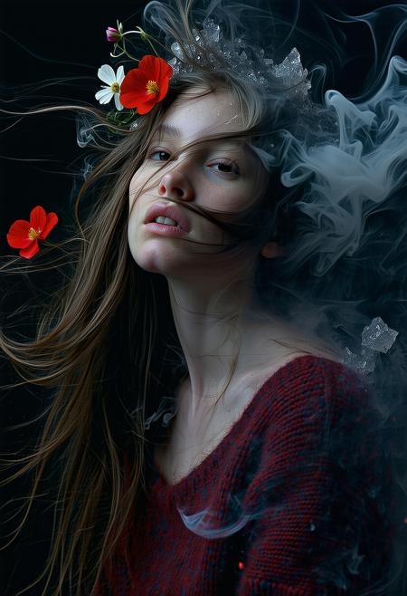 medium portrait, windswept long haired brunette, wildflowers in her hair, alabaster skin, fractured by crystalline sugar highlights, swirling inky chaos, red wool jumper against liquid gloss.
sugar crystallizes on collarbone. mist hugs to her silhouette, dissolving into surreal patterns.
