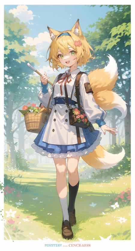 ((masterpiece)), (((best quality))),((beautiful detailed eyes)),(A art deco poster with stylized shapes luxury and sophistication:1.2),(Spring green floral watercolor featuring delicate brushstrokes and bloom:1.3),
1girl, suzuran (arknights), tail, animal ears, fox tail, fox ears, basket, green eyes, blonde hair, fox girl, hairband, luoxiaohei, blue hairband, long hair, frilled hairband, flower, frills, tree stump, cat, tree, shoes, looking at viewer, holding basket, white flower, long sleeves, kitsune, ribbon, shirt, black cat, brown footwear, official alternate costume, neck ribbon, grass, on head, skirt, white shirt, solo, outdoors, red ribbon, holding, copyright name, multiple tails, blue skirt, jacket, white hair, open clothes, white jacket, forest, socks, nature, multicolored hair, bag, smile, open mouth, puffy sleeves, puffy long sleeves, open jacket, white socks, pink flower, blue dress, shoulder bag, dress, animal ear fluff, red flower, bangs, full body, day, standing, high-waist skirt, :d, animal, company name
 <lora:da2-000110:1>