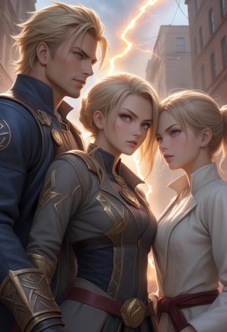 (photorealism:1.5)
(best quality, masterpiece:1.2), best quality, man, tall blond, proud look, short blond hair, portrait, gray coat, 2 girls, complex urban background, dynamic pose, action scene, <lora:add_detail:0.1>, arrogant, (eye contact), red lightning, riot of the elements, lighting effects, the highest detail, floating particles, ancient runes, white energy, mana, epic atmosphere, <lora:kVoidEnergy-000001:0.5> Energy V0id3