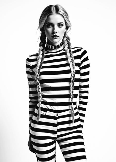 Zynthr4, 1girl, solo, long thick braid, blonde hair, makeup, choker, looking at viewer, long hair, blue eyes, full body image, duel color, image fill, surreal, negative space, black while gold theme contrasting against her deep blue eyes, confident pose, striped clothing, trendy and stylish clothing, flowing colors against start white patches of white negative space.  <lora:Zynthra:0.75>