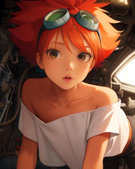 Edward,  tan skin, tomboy, midriff, orange hair, (white loose shirt), off shoulder, spiked hair, barefoot, bike shorts, brown eyes, goggles on head, upper body, 
space station, engine room, 
 (insanely detailed, beautiful detailed face, masterpiece, best quality)  volumetric lighting, best quality, masterpiece, intricate details, tonemapping, sharp focus, hyper detailed <lora:Edward-06:0.8>