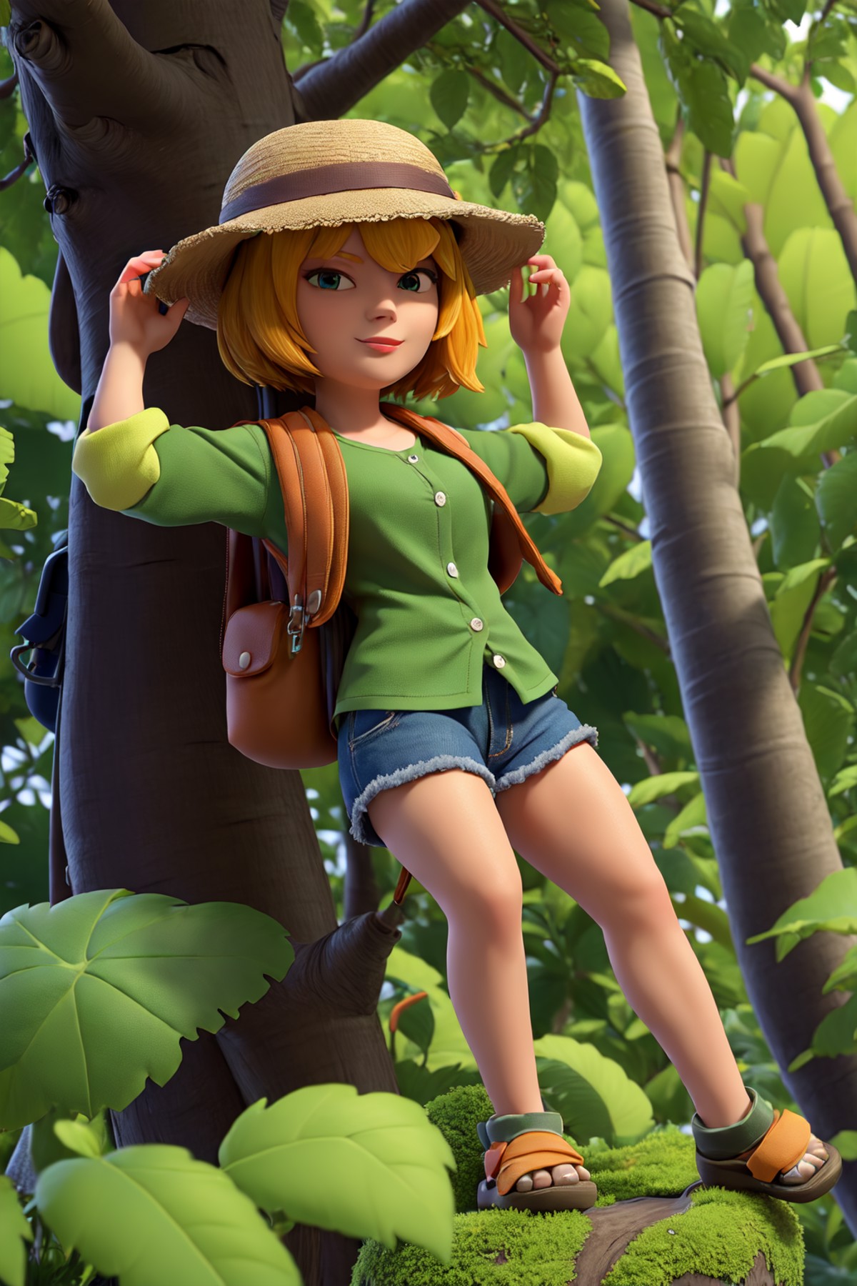 masterpiece, best quality,a woman with a backpack in the jungle near a big tree, wear a hat, green shirt, colorful jacket