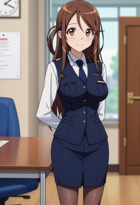 long hair, brown hair, brown eyes NanaUniform, blue vest, white shirt, collared shirt, blue necktie, pencil skirt, blue skirt, brown pantyhose NanaUniform, blue jacket, long sleeves, white shirt, collared shirt, blue necktie, pencil skirt, blue skirt, brown pantyhose long hair, brown hair, brown eyes, high ponytail, hair scrunchie NanaCasual, sleeveless shirt, orange shirt, collarbone, white shorts NanaBikini, large breasts, frilled bikini, lowleg bikini, front-tie bikini top, yellow bikini