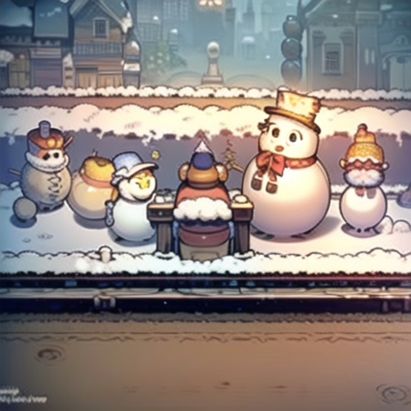 masterpiece, best quality,（Frontal angle：1.5），Winter, snowmen, buildings, roadsides, streets, snow, sidewalks,