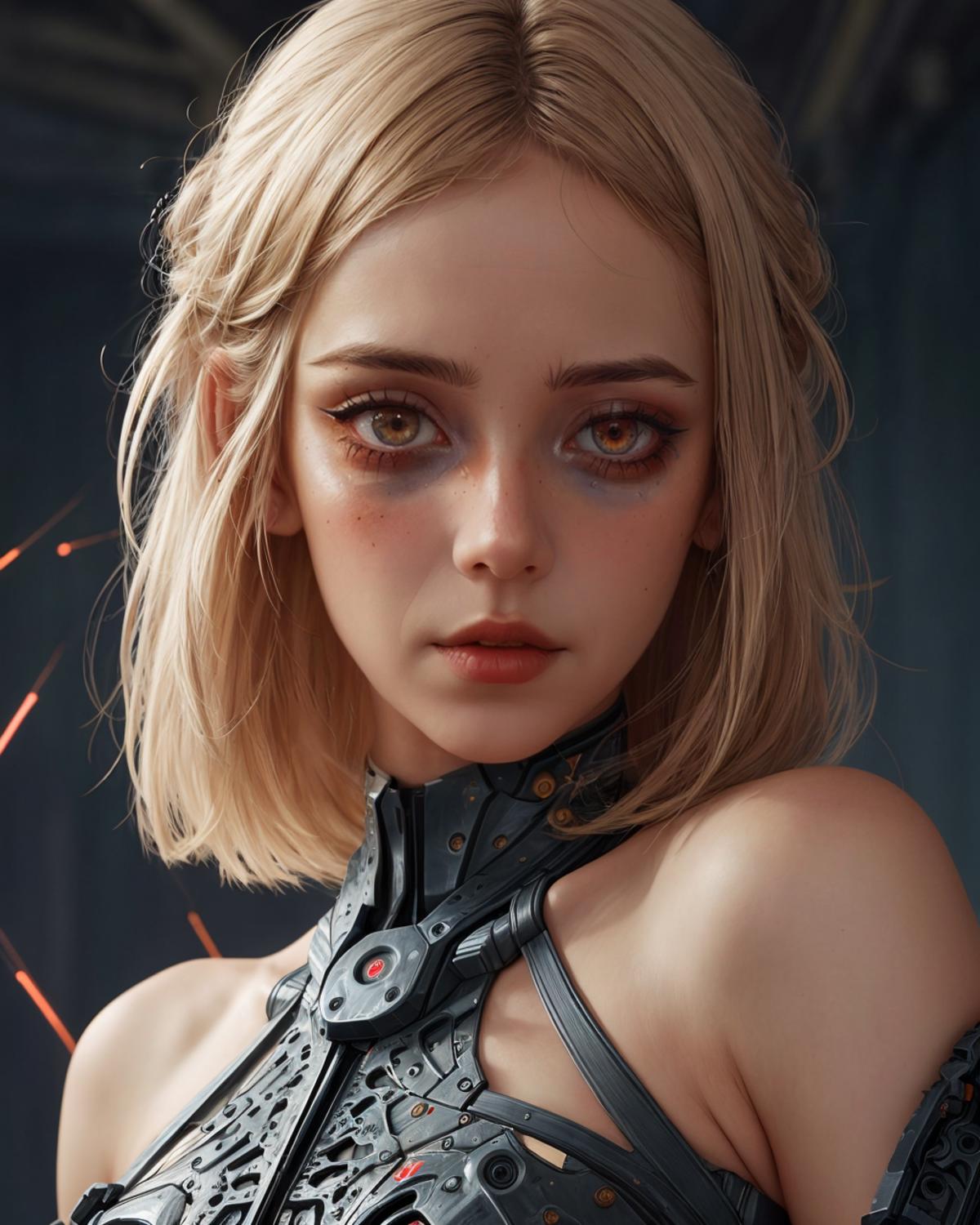 A beautiful blonde woman with a cyberpunk-inspired outfit and unique makeup.