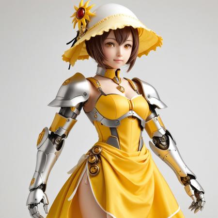 sun-maid coquette ingenue peasant girl wearing sun bonnet yellow dress (gundamoid robot mechanical knight animated armor)