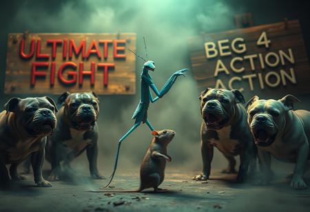 “A hyper-realistic scene of a pale blue mantis dancing gracefully with a greenish mouse, surrounded by four pitbulls barking hysterically with intense expressions. Captured with optics broadcast cinema anamorphic lenses, the composition includes soft edge blurs and subtle lens flares, giving a polished, cinematic quality. Studio lighting brings out the intricate textures of the mantis’s delicate limbs, the mouse’s fur, and the pitbulls’ muscular builds, balancing surreal elegance with intense realism. In the slightly blurred background, two rotten wooden signs read ‘Ultimate Fight’ and ‘Beg 4 Action’ in faded, weathered letters, adding a gritty, underground edge. Neon hues and swirling fog enhance the eerie, dreamlike setting.”