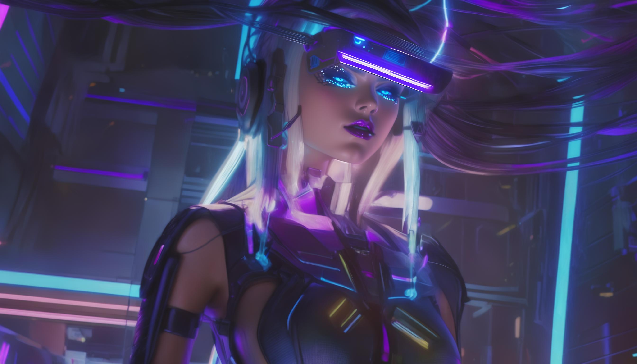 A computer-generated image of a woman wearing a purple helmet and futuristic gear.