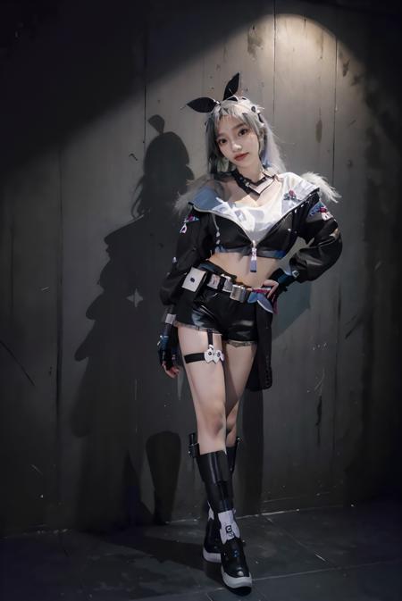((masterpiece:1.5)), ((best quality:1.5)), ((detailed)), ((realistic:1.2)), ((Hi-Res lossless)), ((nikon RAW photo, 8K, Fujifilm XT3, HDR10+, high resolution, depth of field, huge filesize, low-angle shot)), (1girl, solo, standing straight:1.3), ((((full body:1.5), (medium breast:1.4), (slender body:1.3), body height 150 cm, body weight 40 Kg, realistic body, 18 years old, teen, cool))), perfect anatomy, perfect body, perfect hands, perfect feet, perfect eyes, realistic eyes, realistic anatomy, perfect fingers, realistic hands, realistic fingers, realistic legs, detailed body, detailed face, detailed hands, detailed fingers, (photorealistic:1.4), photorealism, photography, hyperrealistic, hyperdetailed, lots of details, extremely amazing finely detail, shoot by professional, professional photography, studio lighting, professional tuned lighting, indoor, photo studio, dark room, perfection, flawless, best of the best, professional model, photo model, tuned by professional, lustful woman, arroused, seduced, flirty, orgasm face, horny, seductive expression, hot girl, seductive, tempt, naughty, cute, virgin, sexy, looking at viewer, extremely delicate beautiful, a dashing collected professional beauty woman, beautiful body, beautiful hands, beautiful fingers, beautiful legs, beautiful arms, beautiful face, beautiful eyes, ((Luxury black diamond wall background)), realistic shadow, realistic texture, realistic lighting, path tracing, ray tracing, indonesian, <lora:Javanese_Girl_V3:0.7>, <lora:starrail_silverwolf_cosplay_v2:0.6> silverwolf cosplay costume, cosplay, silverwolf, white hair, hair bow, eyewear on head, hair ornament, jacket, shorts, cropped shirt, belt, fingerless gloves, bandaid, single fishnet legwear, thigh strap, boots