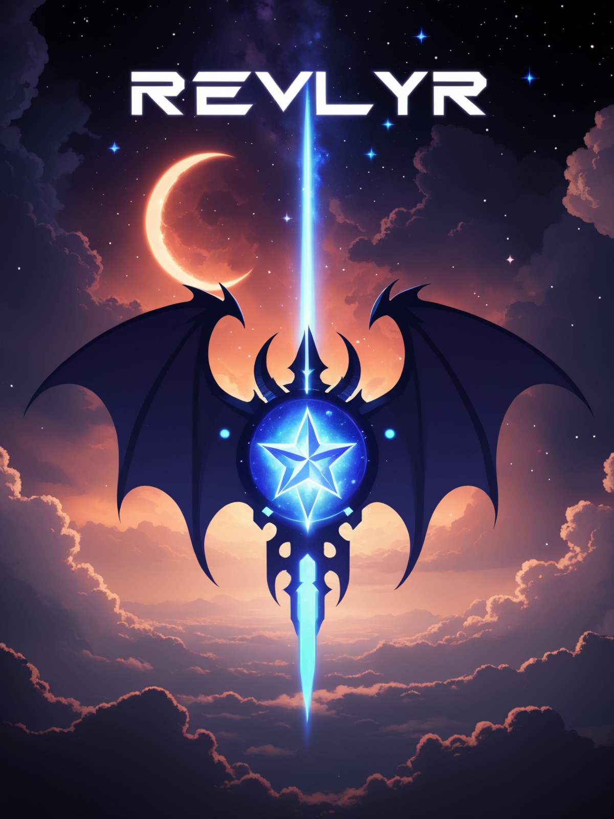 (RevLyr text logo), pixel art, space, clouds, stars, demon