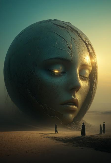 Epic scene, Giant buried in the desert, people watching, shocking, ultra-realistic, art leans heavily towards surrealism, with its dreamlike quality and the blending of reality with the fantastical. The melting face and glowing orb invoke a sense of the uncanny, common in surrealist works, by Beeple and Wojtek Fus and Aeforia, movie poster, extremely detailed, hyper resolution, cinematic lighting
