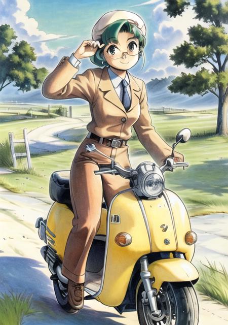 <lora:HatsuenoAlpha-08:0.7> HatsuenoAlpha, 1girl, solo, smile, long sleeves, hat, jewelry, earrings, outdoors, necktie, sky, glasses, day, belt, pants, cloud, tree, traditional media, grass, ground vehicle, motor vehicle, retro artstyle, adjusting eyewear, motorcycle, scooter