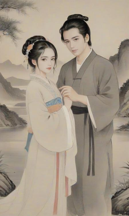 8k, masterpiece, best quality, 2D, traditional chinese ink painting,
1 girl , 1boy, the  man have a handsome face, the girl have a lovely face girl, the man's hand is holding the girl's hand,nice hands,
background is sky,
ink, <lora:watercolor-ink-sketch-v1:0.4>