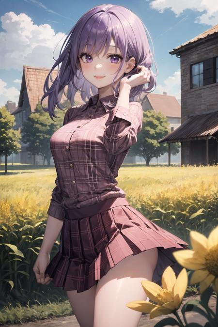 masterpiece, best quality, 1girl, purple eyes, lavender hair, courtyard, cornfield, red and yellow flowers, red plaid shirt, pleated skirt, smile