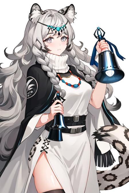 best quality, masterpiece, highres, solo, {pramanix_arknights:1.15}, long_hair, animal_ears, braid, leopard_ears, animal_ear_fluff, grey_eyes, twin_braids, bangs, grey_hair, jewelry, white_hair, necklace, tail, upper_body, turtleneck, leopard_tail, hair_between_eyes, bell, very_long_hair, 1girl, black_cape, cape, dress, holding, looking_at_viewer, white_dress, belt, cowboy_shot, simple_background, white_background, closed_mouth, side_braids