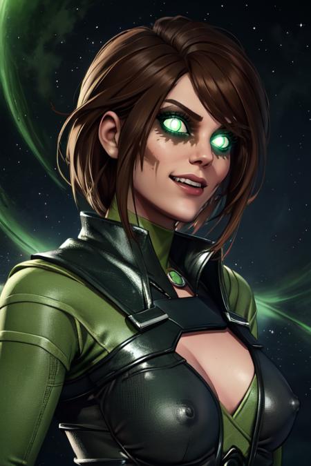 enchantress,  green eyes, brown hair,  glowing eyes, 
green and black bodysuit, cleavage cutout,  medium breasts,   covered nipples, 
 looking at viewer,  upper body,   grin,  serious, 
green magic, magic aura,  night,  
 (insanely detailed, beautiful detailed face, masterpiece, best quality) 
 <lora:enchantress:0.7>