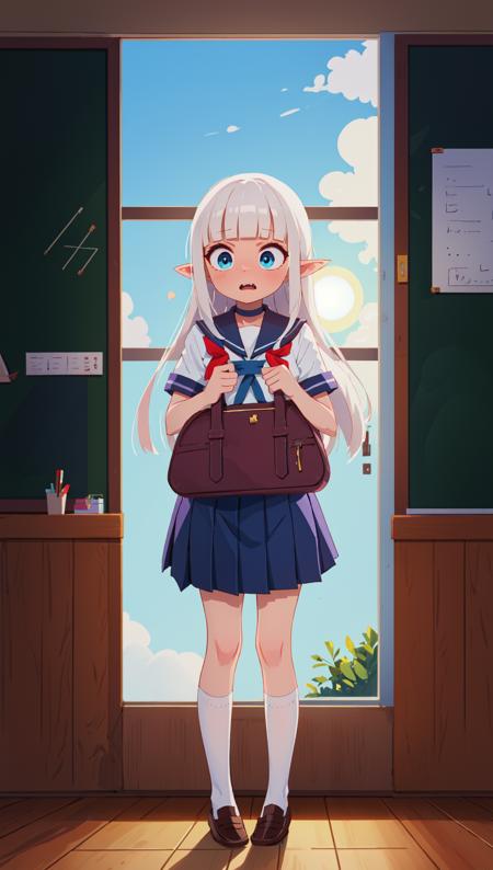 detailed background, best quality, masterpiece, cinematic lighting, highly detailed,
BREAK (short girl:1.1), 1girl, (small breasts, open hair, long hair, straight hair, white hair, hime cut, blunt bangs, azure eyes:1.3), (pointy ears), fangs
BREAK choker, ((sailor school uniform:1.3), red school bag), shy, embarrassed, blush, looking away, full body, standing,
BREAK school room, (blackboard), desks open window with curtains, sunny day, cloudy sky, sun
BREAK atmospheric lighting, environmental lighting, ambient lighting