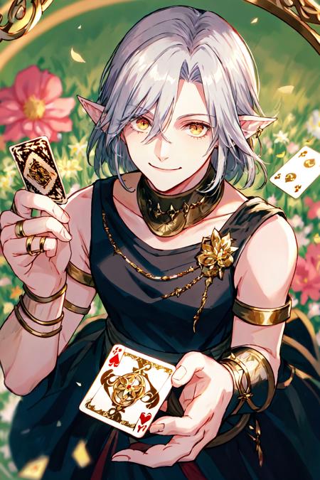 Urianger,  looking at viewer,  smile,  holding,  jewelry,  closed mouth,  flower,  sleeveless,  blurry,  blurry background,  from above,  ring,  card,  holding card, <lora:EMS-48060-EMS:0.800000>