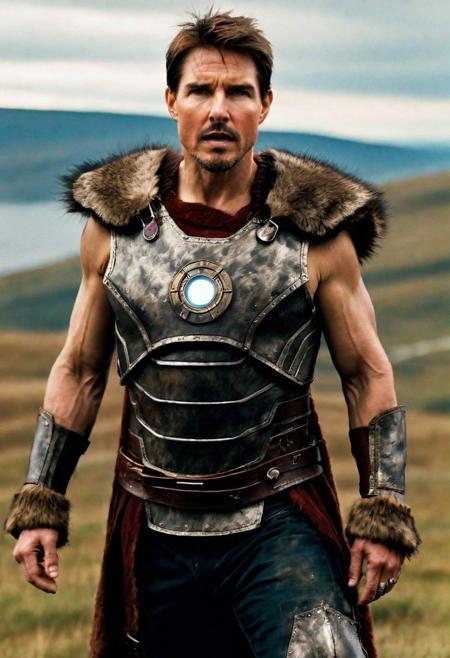 Cinematic Masterpiece dynamic (cinematic shot:1.6) (Tom Cruise as Iron Man) , a Viking warrior prince wearing fur and leather armor rags rising above a battlefield, scales, handsome 23yo Norway male model, dynamic posture posing, full-body from above, dramatic angle. hairy body, skinny muscled, perfect biceps, great pecs, thin waist, perfect jawline, strong and powerful, sporty, great detail, satisfaction,