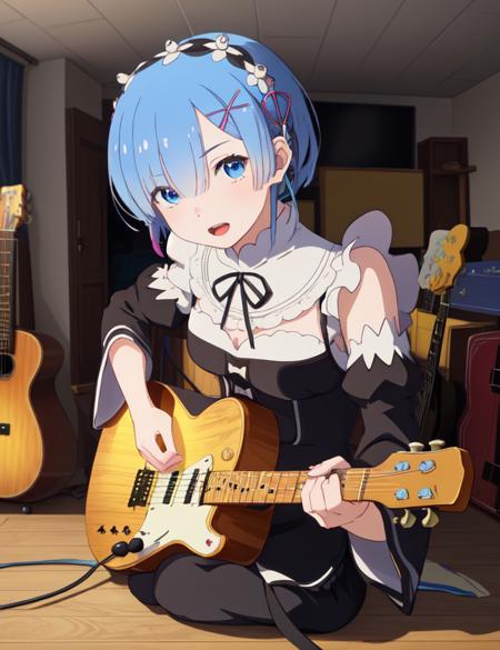 best quality, masterpiece, <lora:Rem-000009:0.9:MID>, phRem, 1girl, blue hair, solo, maid, roswaal mansion maid uniform, looking at viewer, outdoors, open mouth, anime coloring, maid headdress, ((cinematic light)), colorful, hyper detail, dramatic light, intricate details, best quality, (wallpaper, masterpiece, best quality, ultra-detailed, best shadow), (detailed background:1.4), (beautiful detailed face, beautiful detailed eyes), high contrast, (best illumination, an extremely delicate and beautiful), solo, blue eyes, electric guitar, guitar, headphones, holding, holding plectrum, instrument, music, one side up, playing guiter,  indoors ((caustic)), dynamic angle,beautiful detailed glow,full body, cowboy shot,