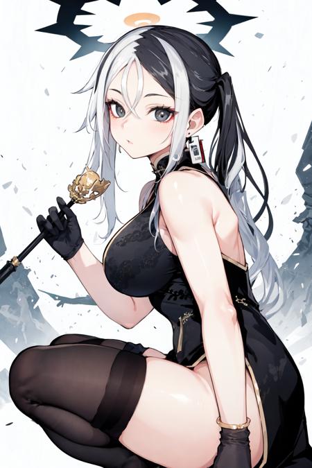 shinntanikai black and white hair black halo, black china dress,