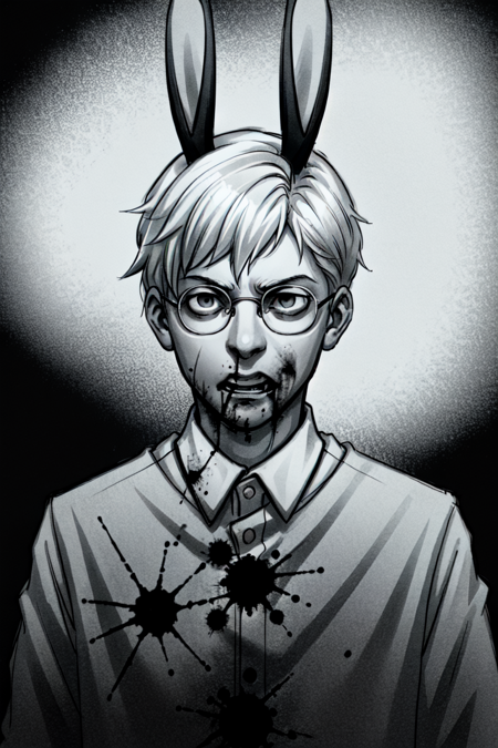 anton, solo, short hair, shirt, 1boy, monochrome, upper body, greyscale, male focus, white hair,  glasses,  <lora:anton:0.6>
blood, carnage, guts, horror \(theme\), bunny mask,, slate atmosphere, cinematic, dimmed colors, dark shot, muted colors, film grainy, lut, spooky