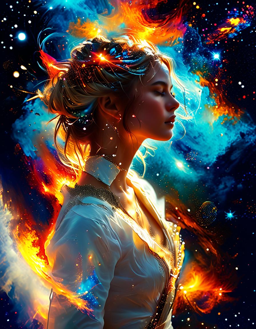 (in ARTIST style:1.4), (masterpiece:1.2), (female sentient cloud being, wispy form composed of swirling stardust and nebula gas, attire a symphony of celestial bodies galaxies draped like scarves, comets as sashes, rendered in a cosmic abstract style with swirling brushstrokes, wearing unique Avant-garde masterpiece attire and headdress:1.1), (bathed in the diffused glow of a neutron star, set against the backdrop of a colliding galaxies fiery tendrils of energy weaving between them, Background is Deep space with a churning vortex of color and light:1.1), (hyperdetailed:1.1), (intricate details:1.0), (Refined details:1.1), (best quality:1.1), highly detailed textures, (very stylish detailed modern haircut, mesmerizing detailed radiant face, mesmerizing detailed beautiful eyes:1.2)
 <lora:CinematicStyle_v1:0.8> <lora:MJ52:1> <lora:xl_more_art-full_v1:0.4> <lora:PerfectEyesXL:1> <lora:S1_Dramatic_Lighting_v2:0.8>