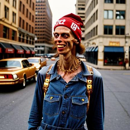 Highly detailed street photography scene from the 90's of ((ugly:1.3)) 1girl ((Helga:1.2)) detailed face, solo break-dancing dressed in 90's hiphop fashion ((baggy clothes:1.3)) gold chain, red hair big teeth (backward hat:1.3), boombox:1.2, scene is city street, cinematic, highest resolution, highly detailed, uhd, ((OverallDetail))