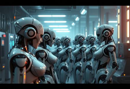 scifi, futuristic science fiction, view of a robot factory, a group of androids lined up, robots lined up, female sex robots, sexy robots,