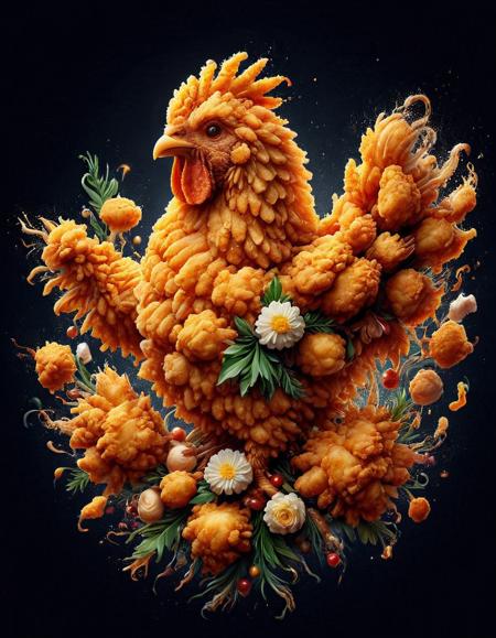 8k resolution, masterpiece, high quality, A fried chicken bouquet, the flowers are made of chicken nuggets, the leaves are made of crispy skin, DFC <lora:Deep-Fried__Crispy_Style_World_Morph_V2:1>
