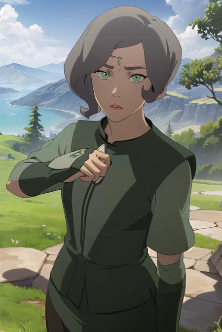 avatarsuyin, <lora:avatar suyin-lora-nochekaiser:1>,
suyin, short hair, grey hair, (green eyes:1.5), dark skin, dark-skinned female,
BREAK robe, long sleeves, dress, black dress,
BREAK outdoors, forest, nature, grass, trees, sun, sky, clouds,
BREAK looking at viewer, (cowboy shot:1.5),
BREAK <lyco:GoodHands-beta2:1>, (masterpiece:1.2), best quality, high resolution, unity 8k wallpaper, (illustration:0.8), (beautiful detailed eyes:1.6), extremely detailed face, perfect lighting, extremely detailed CG, (perfect hands, perfect anatomy),