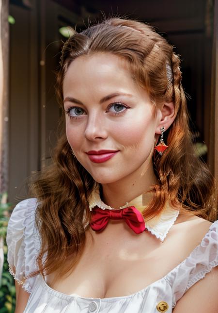 a headshot photo of DianeWebber wearing high collar white shirt, red necktie, yellow vest, red skirt,, solo, ginger hair, 1950s hair style, looking at viewer, earrings, makeup, smile, realistic, [highly-detailed], [ultra-detailed], [hyperdetailed], ultra-realistic, photorealistic, <lora:DianeWebber-14:1>,