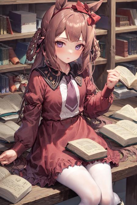 masterpiece, best quality,
sweep tosho \(umamusume\),
sitting, on chair, looking books,
casual, hair bow, headband, collarbone, puffy long sleeves, juliet sleeves, purple necktie, short necktie, collared dress, red dress, white pantyhose, black footwear, mary janes,     
<lora:sweep_tosho_locon_0.99:0.8>