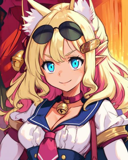 pirilika,cat ears,pointy ears,blonde hair,long sleeves,school uniform,hair ornament,gold hair clip,cat tail,
pink tie,smile,cleavage,eyewear on head,neck bell,
upper body standing,festival,outside,
(insanely detailed, beautiful detailed face, masterpiece, best quality),<lora:Pirilika-10v8:0.8>,