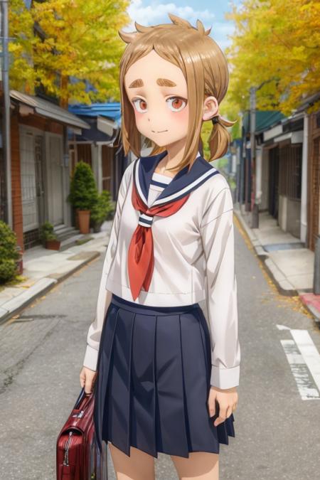 1girl, mina_hibino, forehead, short hair, brown hair, sidelocks, low twintail, brown eyes, school uniform, white shirt, sailor collar, serafuku, blue skirt, short skirt, (city:1.3), :d <lora:mina_hibino:0.7>  <lora:add_detail:1>