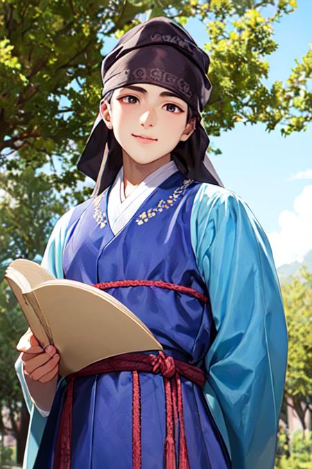 1male, hanbok, bandana, korean clothes, upper body, outdoors, <lora:hanbok_ymaster_v6:1>