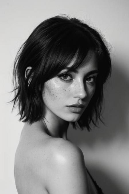(a cute woman in a dramatic sensual pose,  ((danielle sharp:0.5), (daisy haze:0.5)),  30 years old, large tits, athletic:1.1), nsfw, (best quality, high quality, photograph, hyperrealism, masterpiece, 8k:1.3), american, burly, medium black pixie cut, legskin, dark skin, freckles skin, sad, (low-key lighting, dramatic shadows and subtle highlights:1.1), adding mystery and sensuality, trending on trending on artsy, concept art, (shot by terry richardson:1.1), rule of thirds, black and white,  modern, shot from side, seductive pose