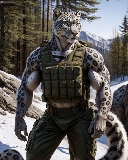 anthro, snow leopard, solo, male, adult, veiny muscles, muscular, bulletproof vest, military pants, realistic scales, detailed background, wilderness background, realistic, photorealistic, ultra realistic, 8k,