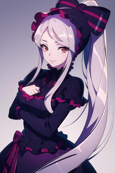 masterpiece, best quality, (colorful), (delicate eyes and face), volumetric light, ray tracing, extremely detailed CG unity 8k wallpaper, <lora:Shalltear_7_20:0.9> shalltear, gray hair, very long hair, medium breasts, red eyes, pony tail, bonnet, hair bow, black dress, looking at viewer, seductive smile, captivating pose, cowboy shot, simple background