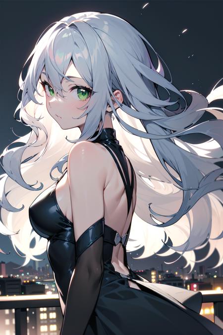 masterpiece, best quality, long hair, silver hair, wavy hair, green eyes, from side, looking at viewer, close-up, night, cityscape, wind, medium breasts,