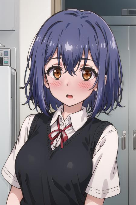 <lora:Suzu_LM-V2:1> suzudef, blue hair, brown eyes, short hair
neck ribbon, upper body, looking at viewer, school uniform, red ribbon, blush, short sleeves, collared shirt, medium breasts, bangs, open mouth, sweater vest, hair between eyes, black sweater, 
masterpiece, best quality,