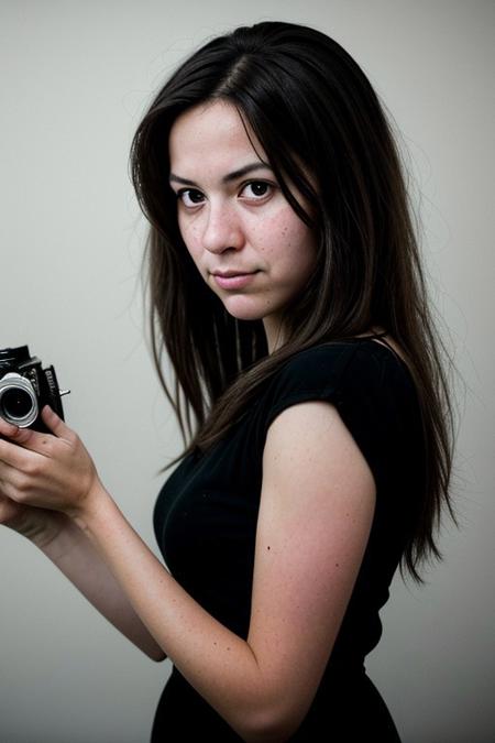 The image portrays a young woman with long, dark hair holding a vintage camera close to her face, partially obscuring one of her eyes. She gazes directly into the lens with an intense, thoughtful expression. The photograph has a distinct cinematic and nostalgic aesthetic, with soft lighting, a grainy texture, and subtle color grading that gives it a vintage, film-like quality.
Subject and Composition
The subject's face is positioned slightly off-center, drawing immediate attention to her sharp and expressive features. Her dark, well-defined eyebrows frame her deep-set eyes, which are slightly shadowed, adding to the introspective mood of the image. Her lips, which are slightly parted and tinted a natural red, contrast subtly with her smooth, pale skin. Strands of hair fall loosely across her face, reinforcing the unposed, organic nature of the portrait. side view,
The camera she holds is an older model, silver and black with a rounded lens, possibly a vintage point-and-shoot film camera. Its reflective surface catches some light, making it a noticeable focal point. Her fingers gently rest on the camera's body, showcasing her relaxed grip, suggesting familiarity and comfort with the device. The camera partially obscures her left eye, creating an artistic and symbolic interplay between the act of capturing an image and being observed.