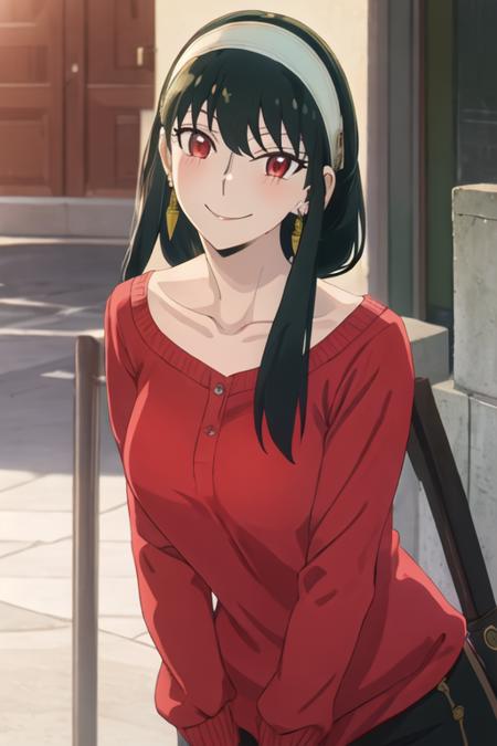 best quality, masterpiece, highres, solo, {yor_briar_spyxfamily:1.15}, black_hair, hairband, red_eyes, sidelocks, white_hairband, jewelry, earrings, bangs, long_hair, 1girl, collarbone, closed_mouth, red_sweater, sweater, smile