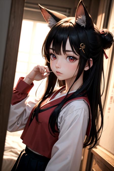 cowboy shot,(detailed face and eyes:1.3),
<lora:naenarachan:1>,naenarachan,1girl,solo,red eyes, black hair,single hair bun,(hair stick:1.4),hair pin,long hair,hair ornament,fox ears, fox tail,red tail,korean clothes, red shirt,blue skirt,pleated skirt,  long sleeves,hanbok,white bow,red footwear, serafuku,
Ultra-detail,(highres:1.1),best quality,(masterpiece:1.3),cinematic lighting,