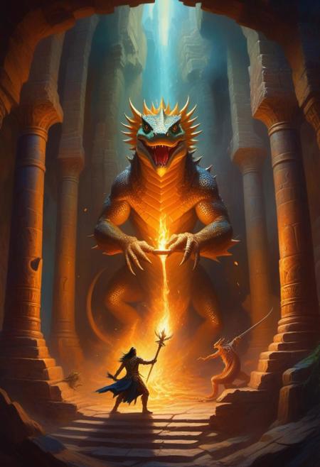 Intricate painting by Boris Valejo, fantasy battle scene, a troglodyte with a club , a noble warrior , a deep chasm, a five breathing lizard, a sorceress with burning hands , 
wielding magic fire, mystic feeling, golden crown, dark stone altar, dark hour, shadows between pillars, dark colors with bright highlights