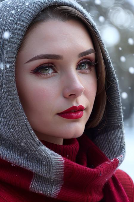 photo of a woman, laurens, ((turtleneck sweater, scarf, short hair):1.1), ((closeup, portrait)),((outdoors, snow)), ((red lipstick, makeup)), (serious), ((best quality, masterpiece, extreme details, high resolution):1.2),((detailed eyes, beautiful eyes, detailed face, beautiful face):1.2)